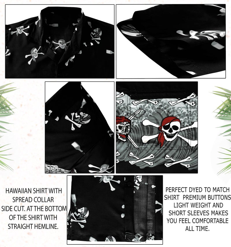 LA LEELA Men's Halloween Hawaiian Short Sleeve Button Up Beach Caribbean Shirt Fashion Pirate Cruise Shirts for Men XXL Skull Crossbones Black - Image 5
